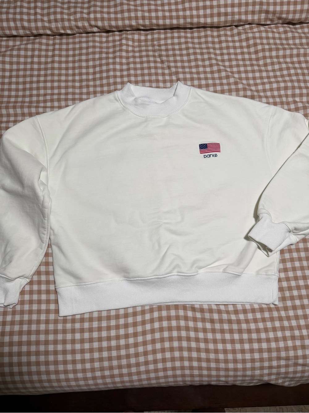Parker White Crewneck Pre Shrunk Sweatshirt with Flag Patch